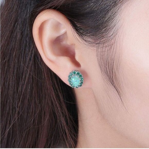 14K White Gold with Green Fire Opal and Green Quartz Oval Post Stud Earrings - Picture 4 of 5